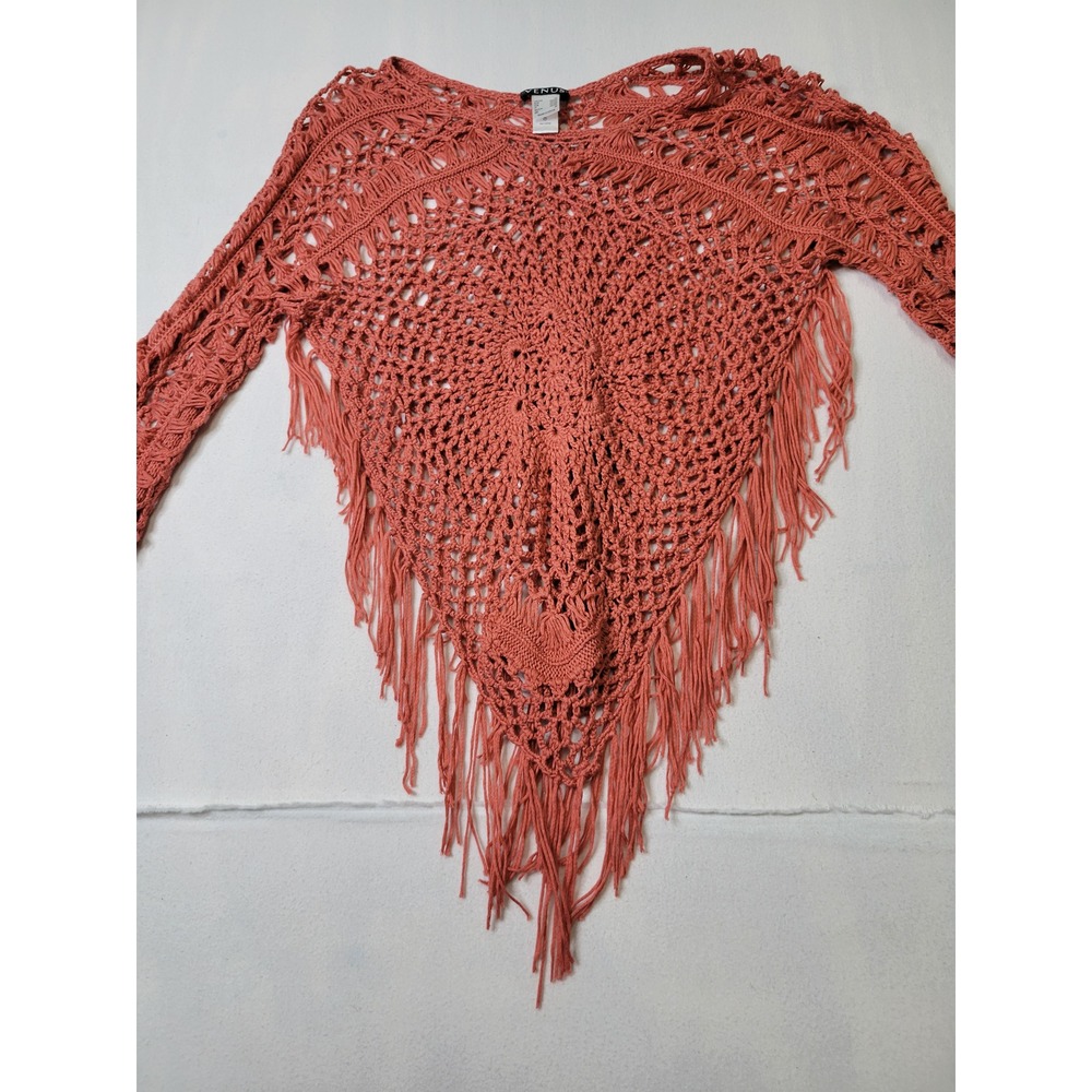 Venus Coral Crochet Knit Fringe Poncho Top Long Sleeve Boho Festival Size M 2920 - Picture 1 of 5